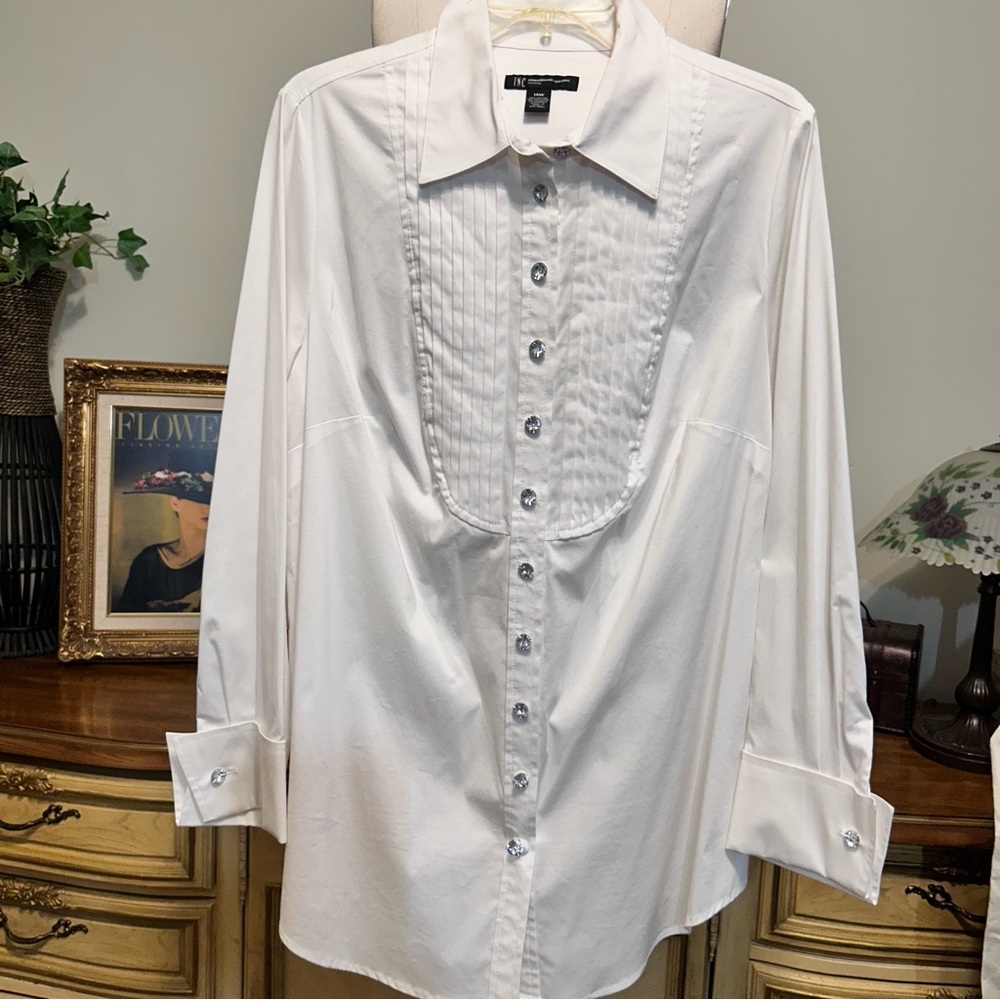 INC International Concepts White Pleated Rhinestone Button Dress Shirt